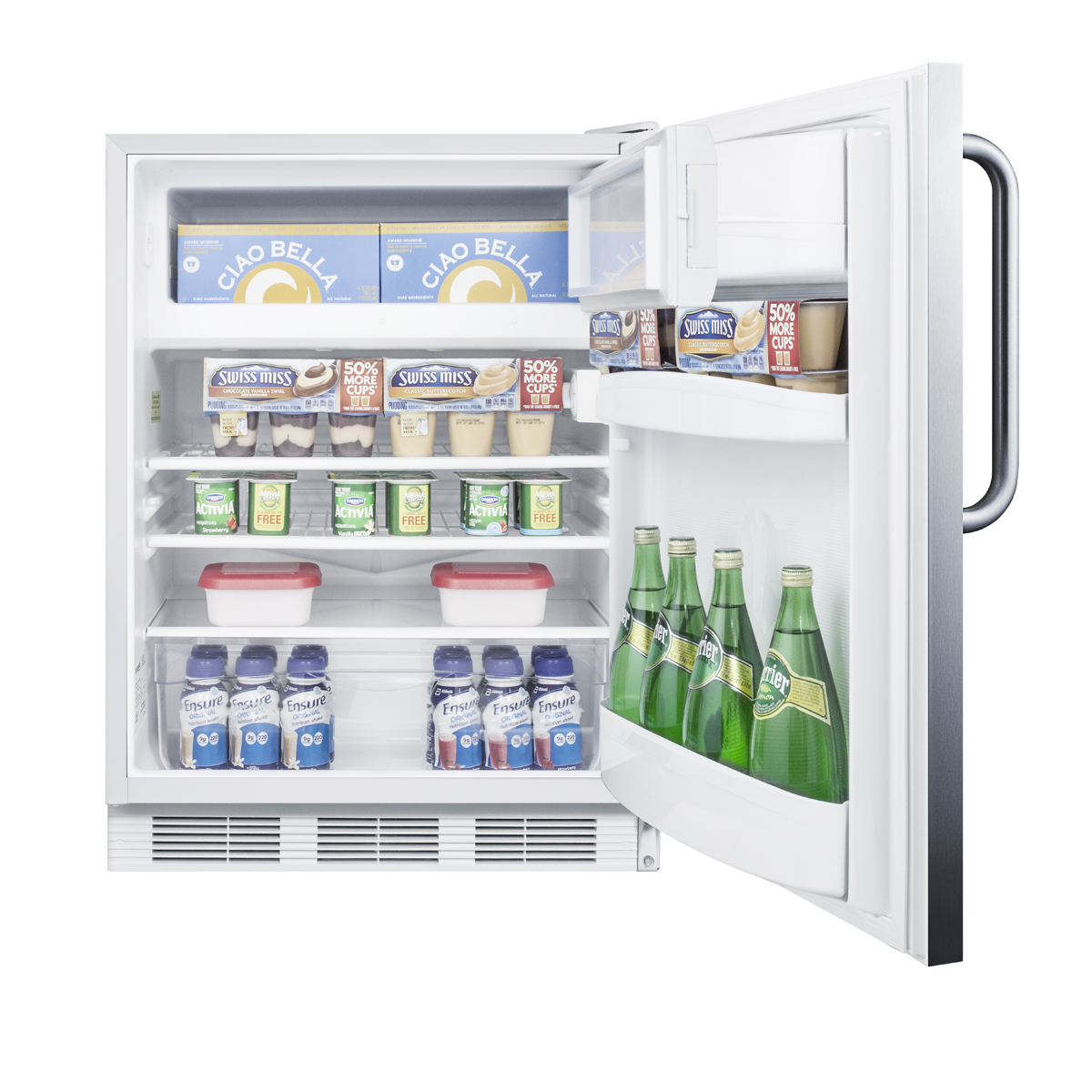 Built-in undercounter refrigerator-freezer for general purpose use, with dual evaporator cooling, cycle defrost, fully wrapped SS exterior, and lock